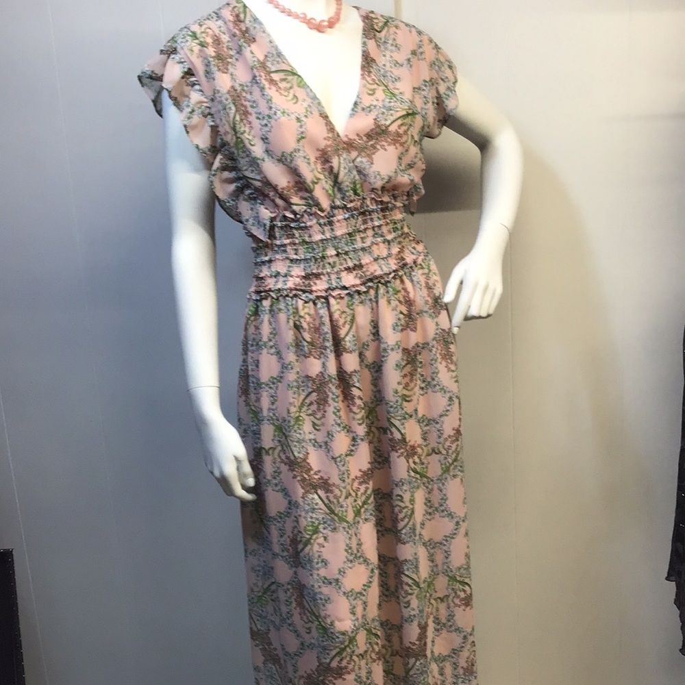 Pink Floral Smocked Waist Maxi Dress frilly and feminine with blue & green